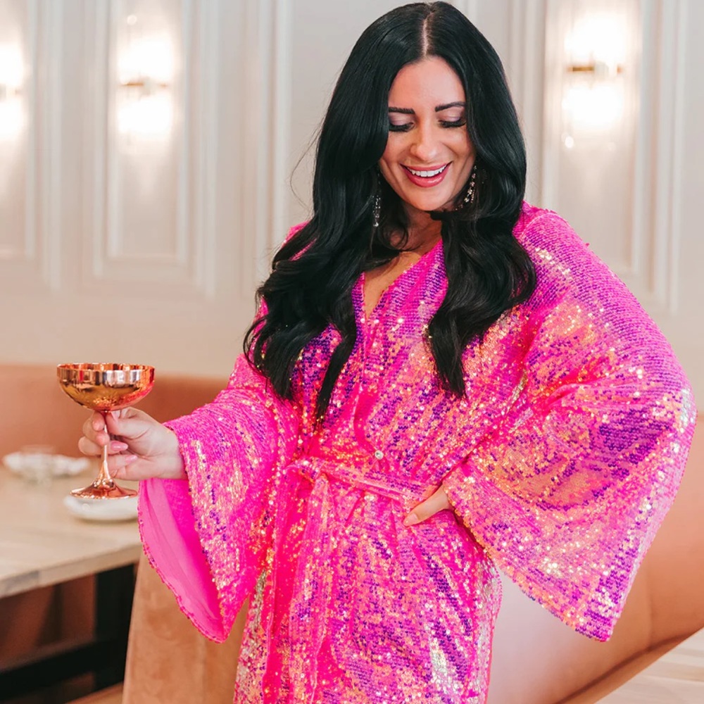 Buddy Love LYNLEE SEQUIN WRAP DRESS-TAFFY Hot Pink Sequin Bell Sleeve Wrap Dress
